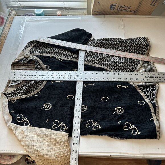 Vtg Womens Patchwork Blouse Asymmetrical Short Sleeve Top By Donna Jessica Black - Picture 4 of 9